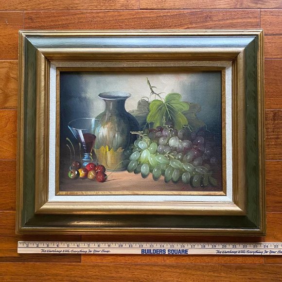 Signed Still Life Oil Painting Of A Vase, A Glass Of Wine, Grapes and Cherries - Picture 7 of 10